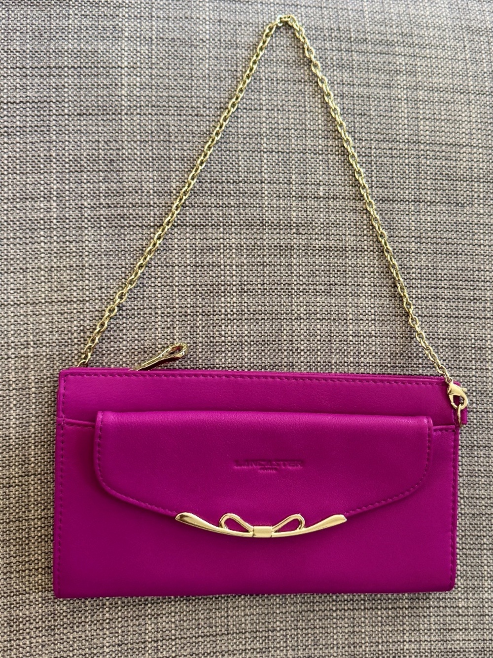 Lancaster Paris  Leather Bag Wallet Purse Magenta Fuchsia with Chain Strap